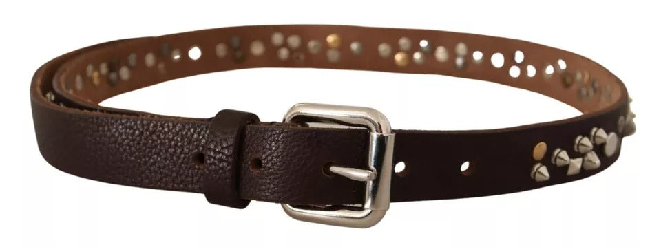 Dolce &amp; Gabbana brown leather studded belt with silver metal buckle