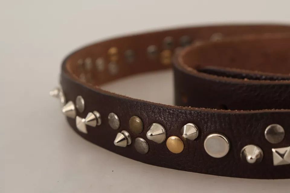 Dolce &amp; Gabbana brown leather studded belt with silver metal buckle