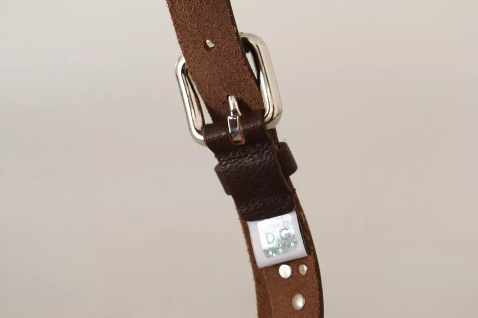 Dolce &amp; Gabbana brown leather studded belt with silver metal buckle