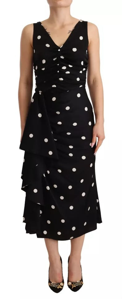 Dolce & Gabbana Schwarzes Seiden-Polka-Dots-Midikleid mit V-Ausschnitt