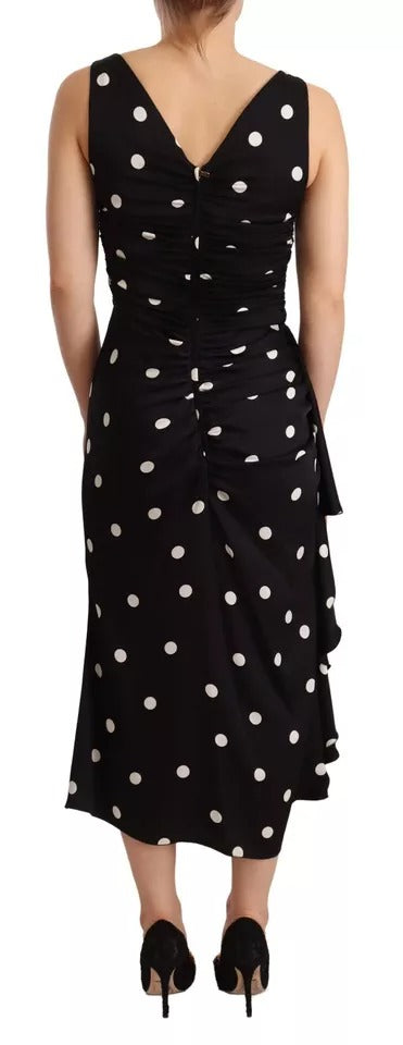 Dolce &amp; Gabbana Black Silk Polka Dot V-kaula-midimekko