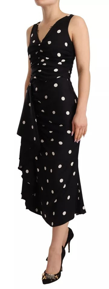 Dolce &amp; Gabbana Black Silk Polka Dot V-kaula-midimekko