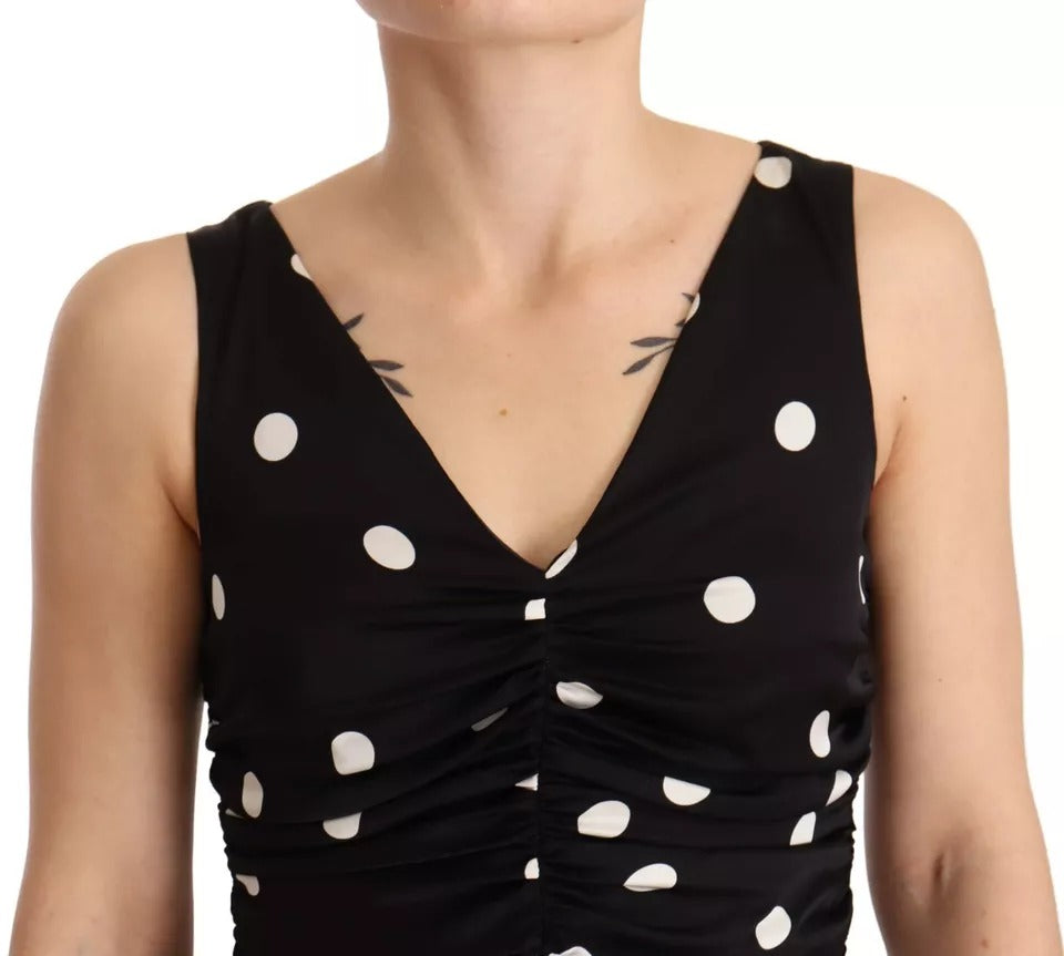 Dolce &amp; Gabbana Black Silk Polka Dot V-kaula-midimekko