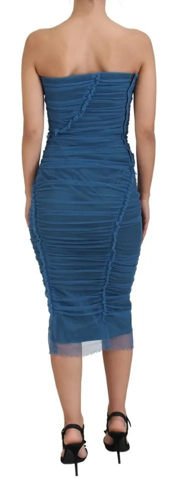 Dolce &amp; Gabbana Blue ruffled tulle sheath dress with mesh trim