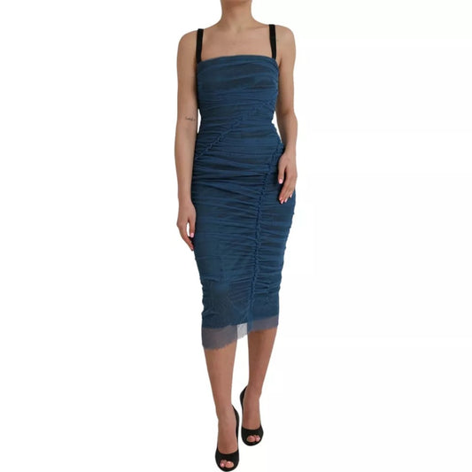 Dolce &amp; Gabbana Blue ruffled tulle sheath dress with mesh trim