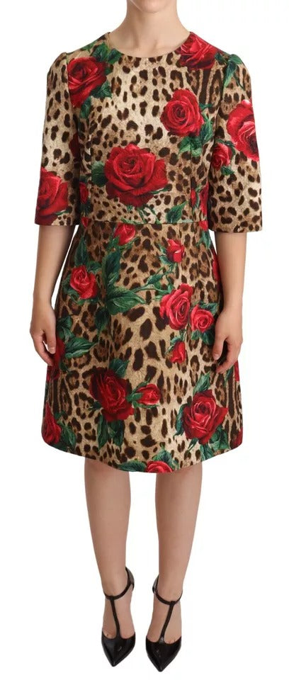 Dolce &amp; Gabbana Brown leopardimekko punaisilla ruusuilla A-linjasta puuvillaa