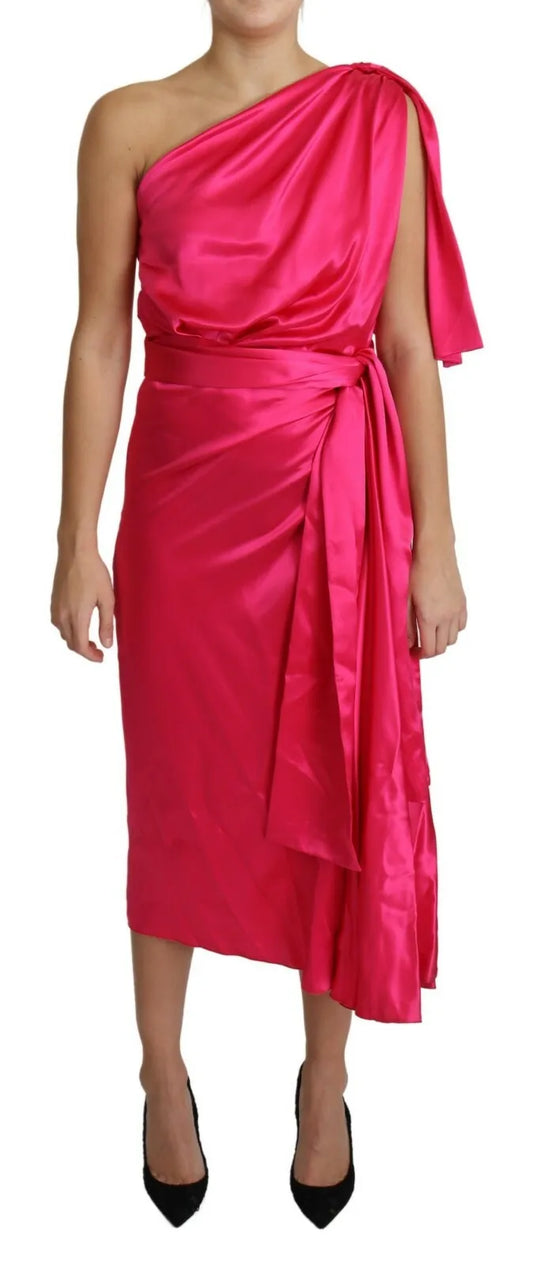 Dolce & Gabbana Fuchsia Fitted Cut One Shoulder Midikleid