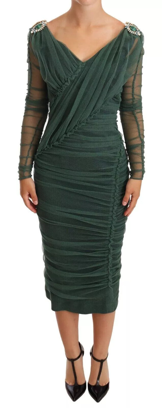 Dolce &amp; Gabbana Green ruched stretch tulle midi dress with crystal