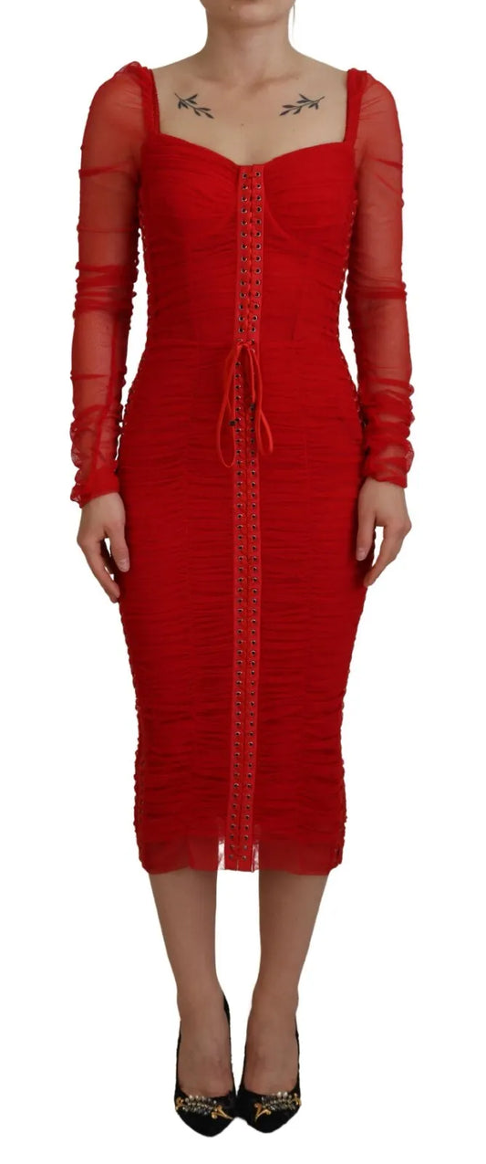 Dolce & Gabbana Rotes Netzbesetztes Bodycon Etuikleid Midikleid