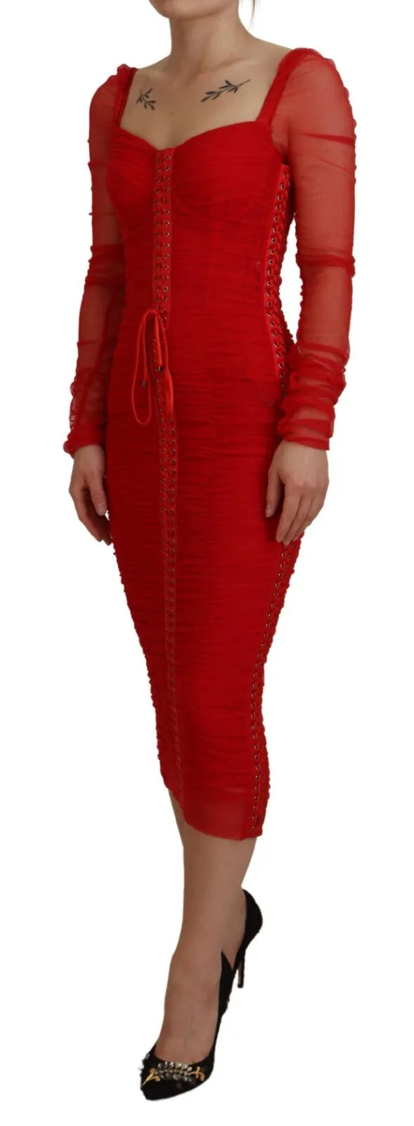 Dolce &amp; Gabbana Red Mesh Bodycon Sheath Dress Midi-mekko