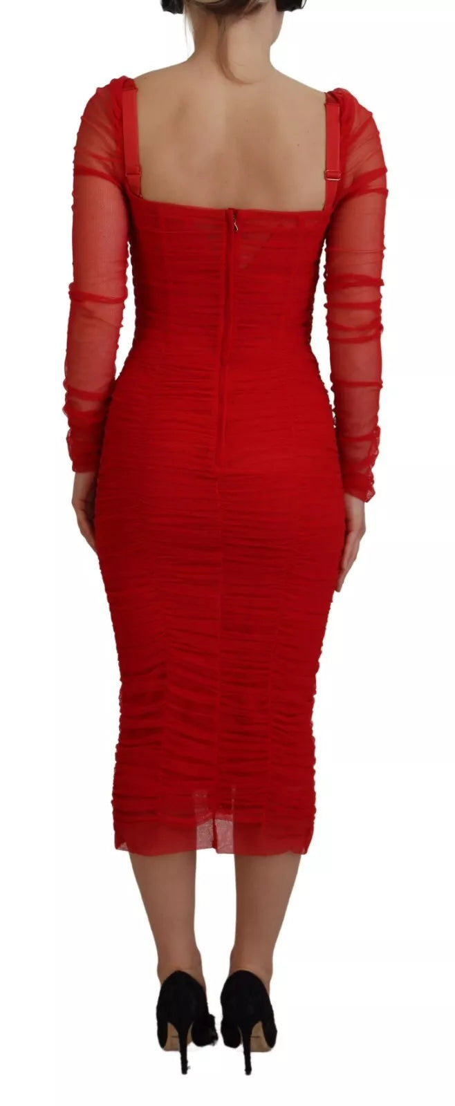 Dolce &amp; Gabbana Red Mesh Bodycon Sheath Dress Midi-mekko