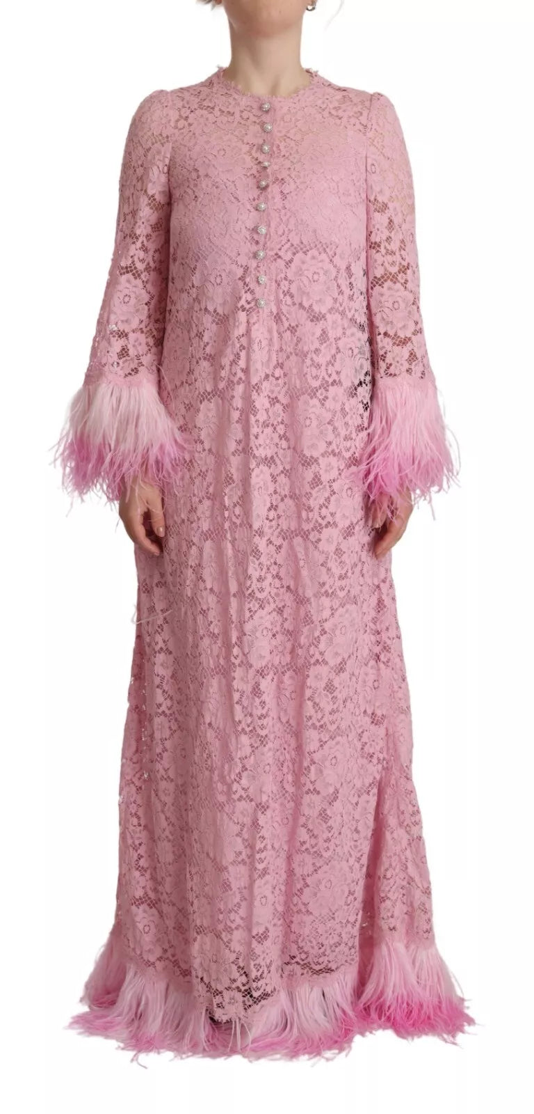 Dolce &amp; Gabbana Lilac Lace Dress with Long Sleeves and Feathers