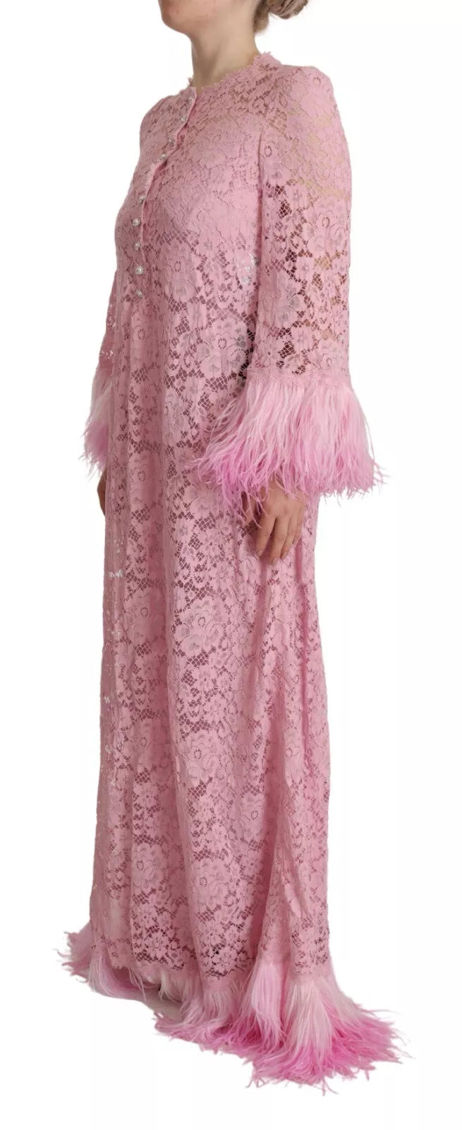 Dolce &amp; Gabbana Lilac Lace Dress with Long Sleeves and Feathers