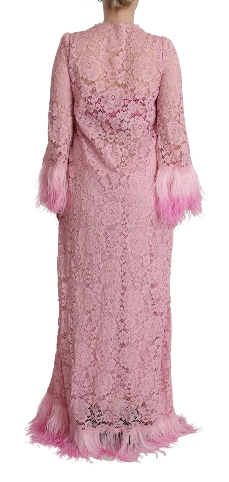 Dolce &amp; Gabbana Lilac Lace Dress with Long Sleeves and Feathers