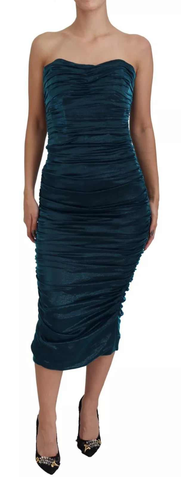 Dolce &amp; Gabbana Blue Satin Silk Blend Strapless Dress