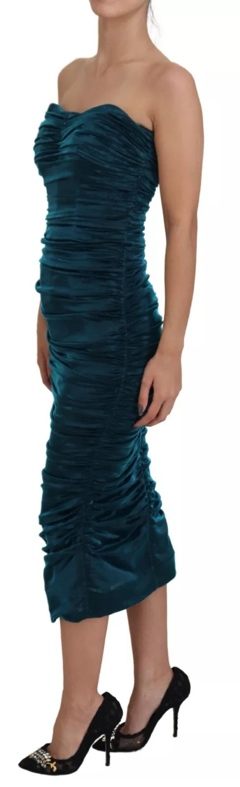 Dolce &amp; Gabbana Blue Satin Silk Blend Strapless Dress