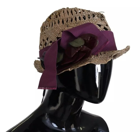 Dolce &amp; Gabbana Brown Ribbon Straw Hat with Floral Embellishment