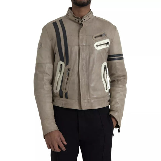 Dolce & Gabbana Beige Leder Bikermantel Jacke mit Reißverschluss