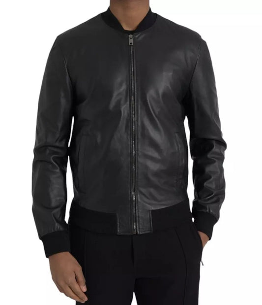 Dolce & Gabbana Schwarze Bomber-Lederjacke mit durchgehendem Reißverschluss und Biker-Blouson