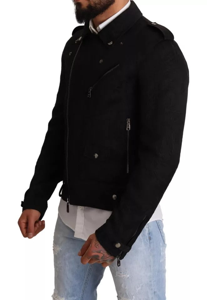 Dolce &amp; Gabbana Black Brocade Full Zip Biker Jacket