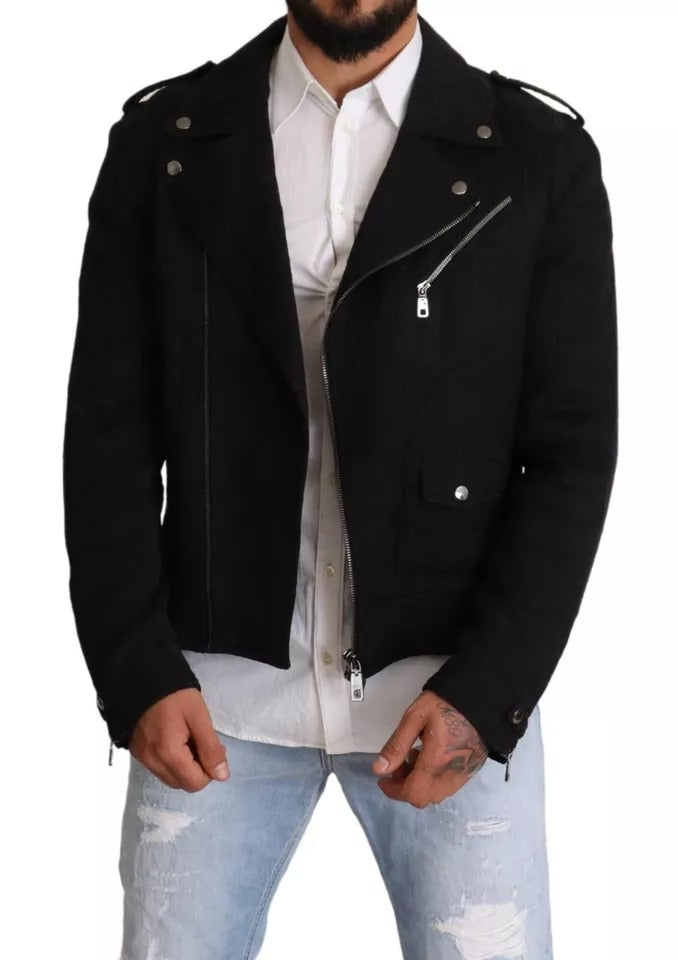 Dolce &amp; Gabbana Black Brocade Full Zip Biker Jacket