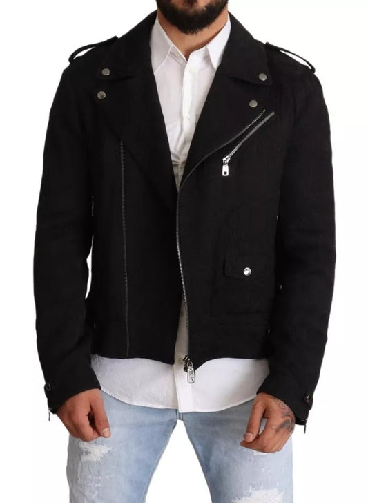 Dolce & Gabbana Schwarzer Brokat Mantel mit durchgehendem Reißverschluss Biker Jacke