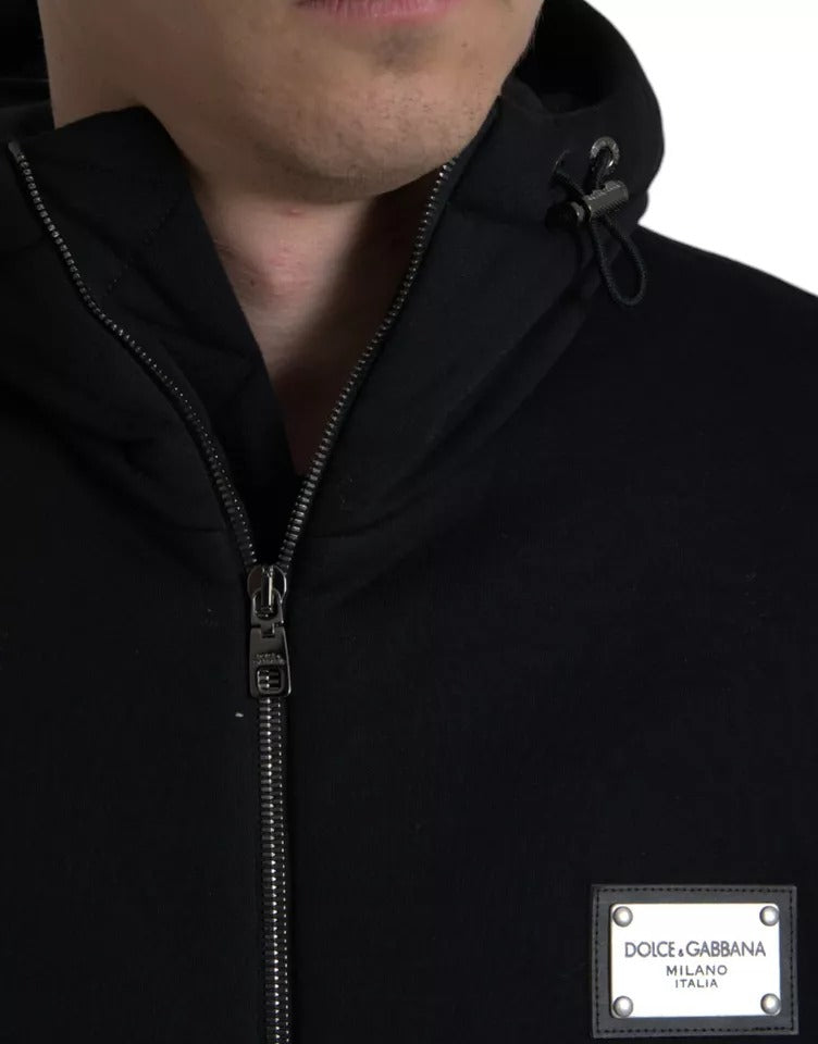 Dolce &amp; Gabbana Black Cotton Bomber Jacket with Logo Hood