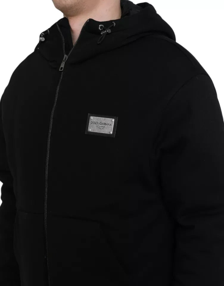 Dolce &amp; Gabbana Black Cotton Bomber Jacket with Logo Hood