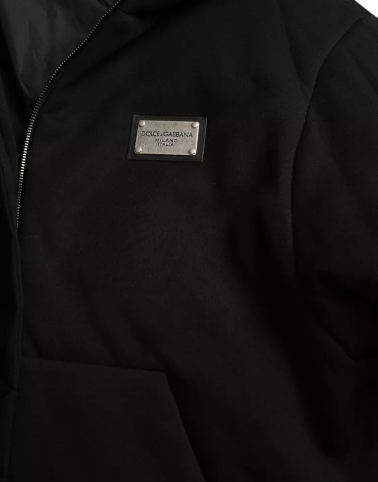 Dolce &amp; Gabbana Black Cotton Bomber Jacket with Logo Hood