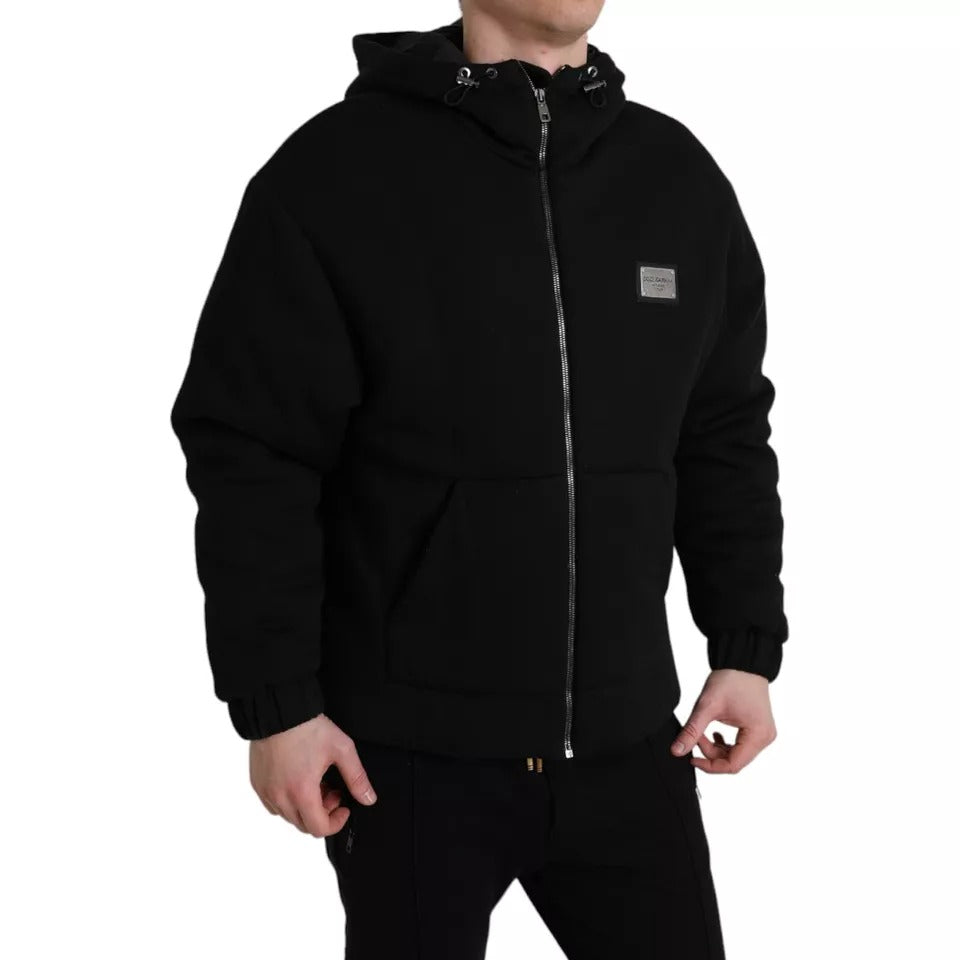 Dolce &amp; Gabbana Black Cotton Bomber Jacket with Logo Hood