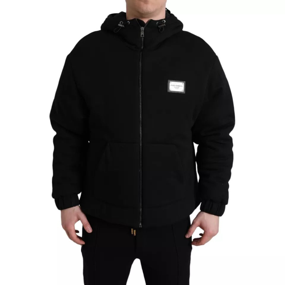 Dolce &amp; Gabbana Black Cotton Bomber Jacket with Logo Hood