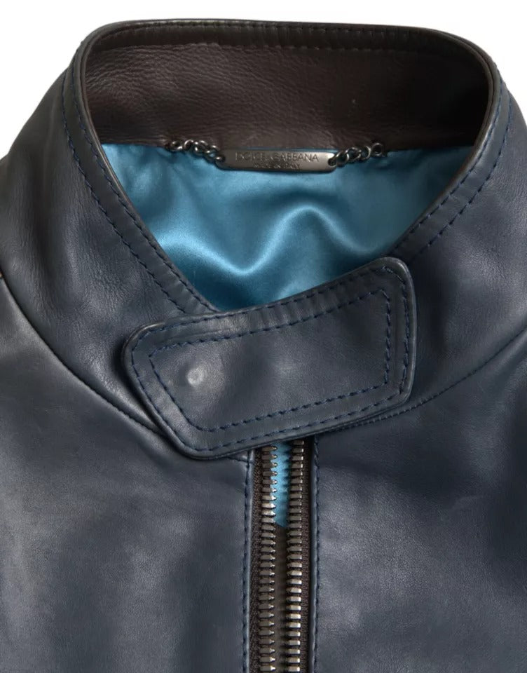 Dolce &amp; Gabbana Blue Leather Full Zip Biker Blouson Jacket