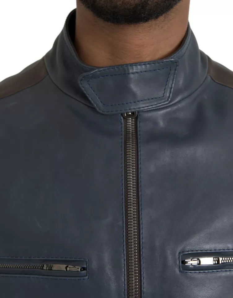 Dolce &amp; Gabbana Blue Leather Full Zip Biker Blouson Jacket