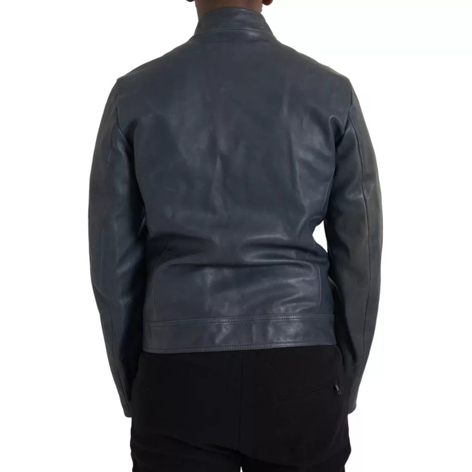 Dolce &amp; Gabbana Blue Leather Full Zip Biker Blouson Jacket