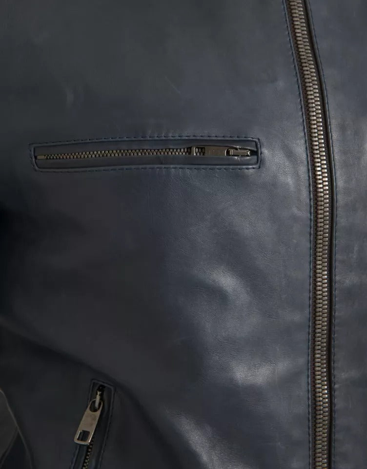 Dolce &amp; Gabbana Blue Leather Full Zip Biker Blouson Jacket