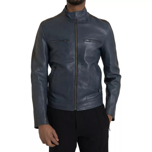 Dolce &amp; Gabbana Blue Leather Full Zip Biker Blouson Jacket