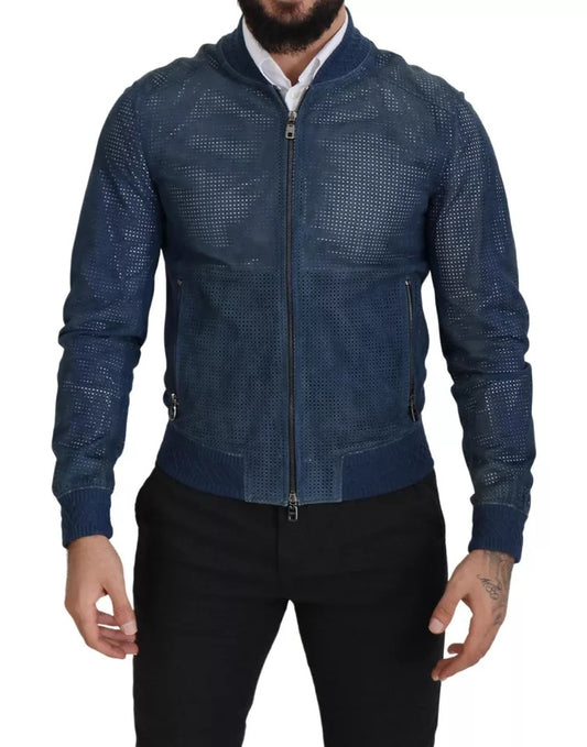 Dolce &amp; Gabbana Perforated Full Zip Jacket in Blue Leather