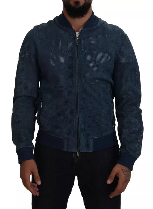 Dolce &amp; Gabbana Perforated Full Zip Jacket in Blue Leather