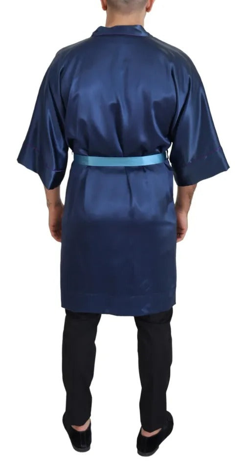 Dolce &amp; Gabbana Blue Satin Silk Waist Belt Robe Jacket