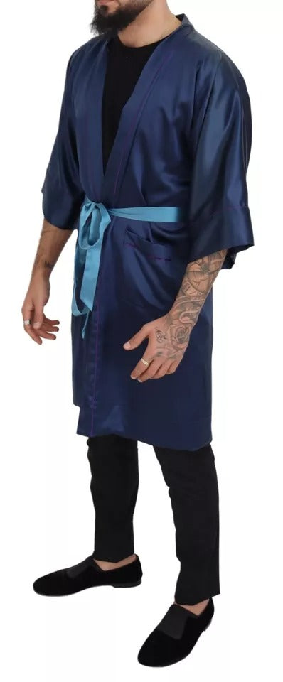 Dolce &amp; Gabbana Blue Satin Silk Waist Belt Robe Jacket