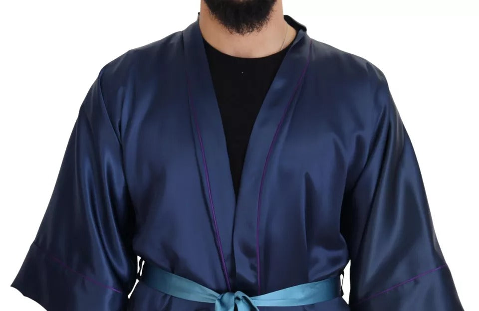 Dolce &amp; Gabbana Blue Satin Silk Waist Belt Robe Jacket