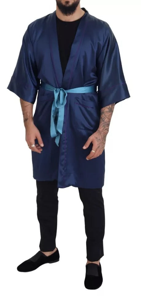 Dolce &amp; Gabbana Blue Satin Silk Waist Belt Robe Jacket