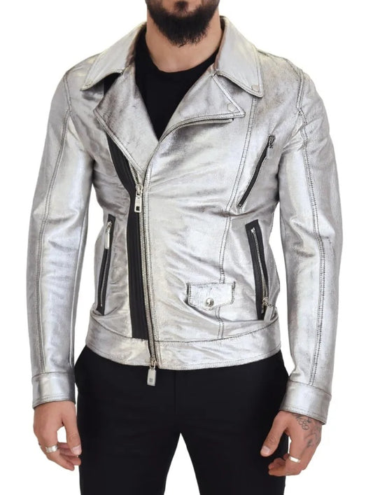 Dolce &amp; Gabbana Silver Leather Biker Coat Lambskin Jacket