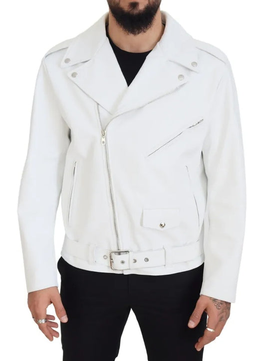 Dolce & Gabbana Weißer Leder Bikermantel Zipper Jacke