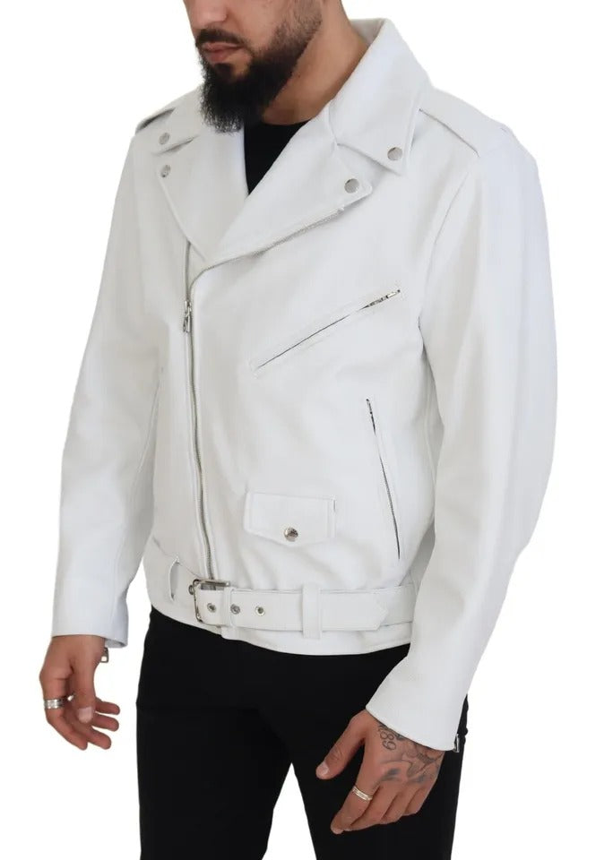 Dolce &amp; Gabbana White Leather Biker Coat Zipper Jacket