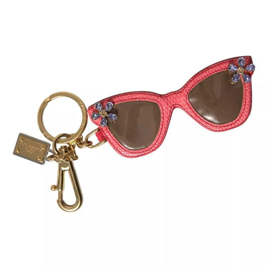 Dolce &amp; Gabbana Red Leather Crystal Sunglasses Gold Metal Keychain Keyring