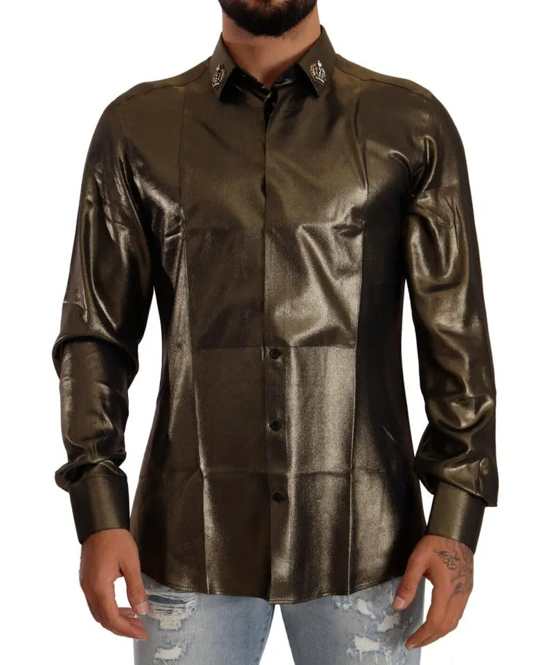 Dolce & Gabbana Metallic Gold DG Bestickte Krone Seidentop Shirt