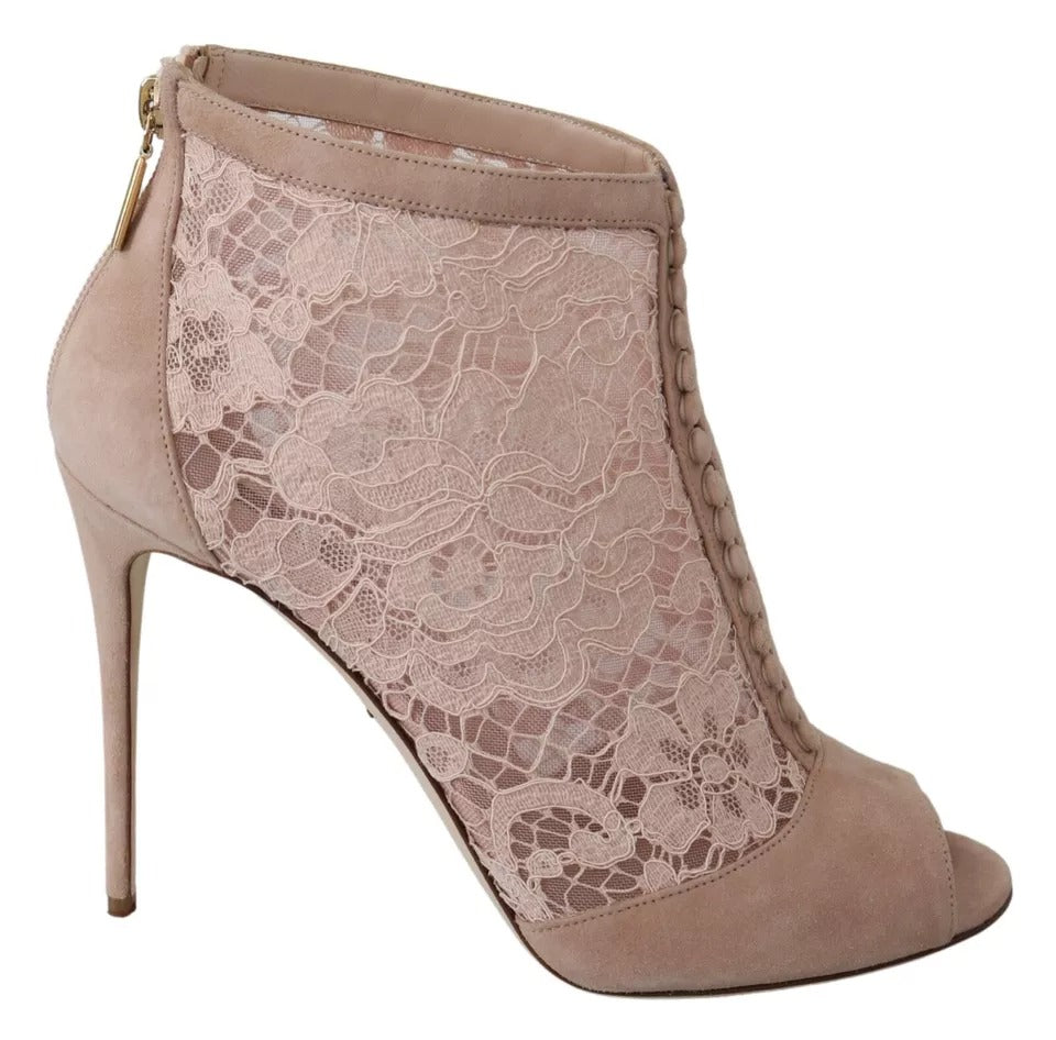 Dolce &amp; Gabbana Beige Lace Suede Peep Toe Ankle Boots Shoes