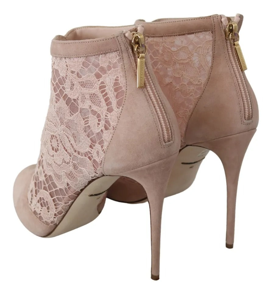 Dolce &amp; Gabbana Beige Lace Suede Peep Toe Ankle Boots Shoes