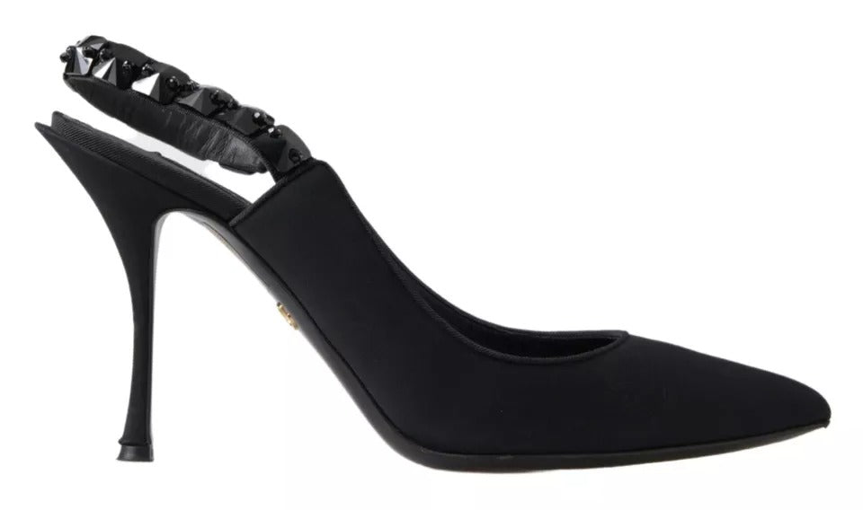 Dolce &amp; Gabbana Black Embellished Charmeuse Slingback Heels Shoes